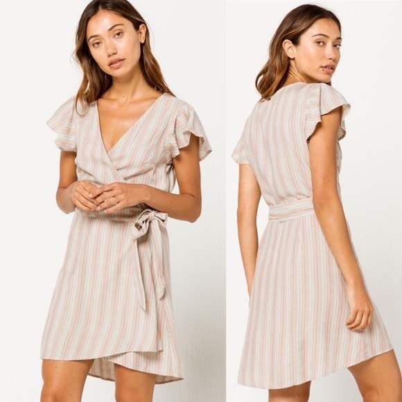 O’Neill Maurie Wrap Mini Dress Striped V Neck New Tags Medium - Picture 1 of 4